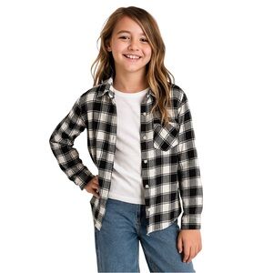 Cat & Jack  7/8 Girls black white plaid cotton light flannel button down shirt